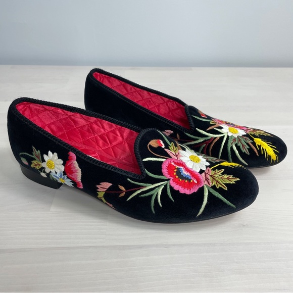 Berk Shoes - BERK Burlington Arcade London Black Velvet Floral Embroidered Loafer Shoe